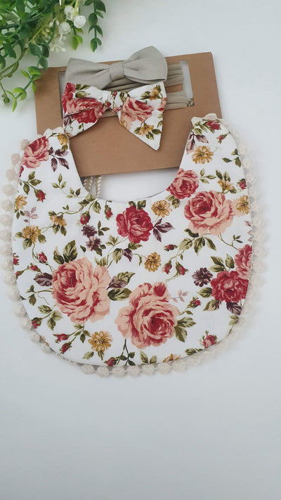 Roses Reversible Lace Bib and Headband Set