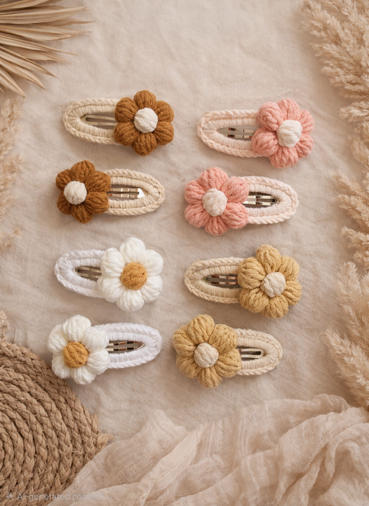 Boho Crochet Flower Hair Clip Set