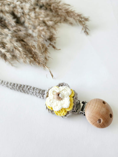 Crochet Flower Grey Pacifier Clip