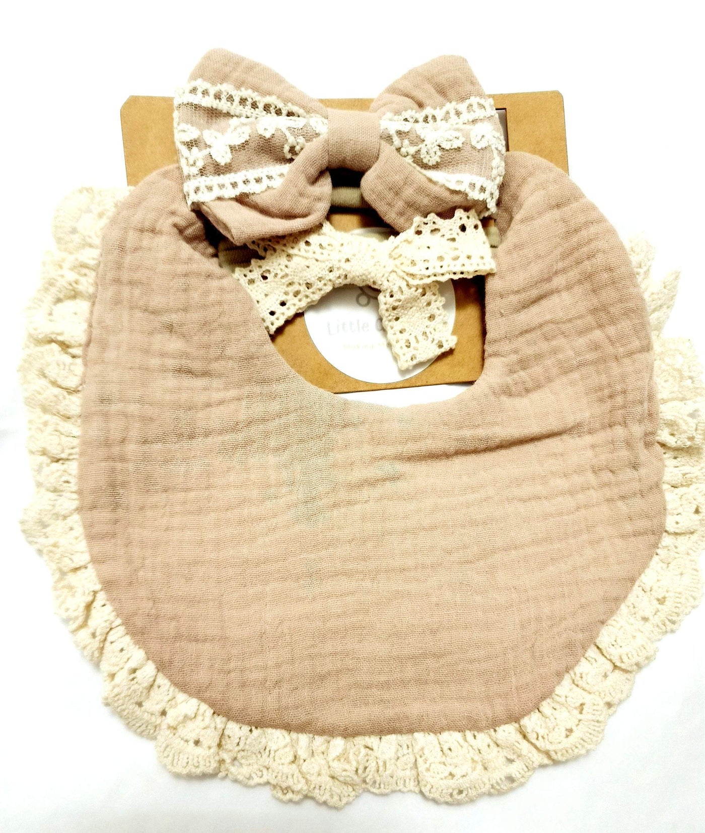 Dark Beige Lace Bib and Headband Set